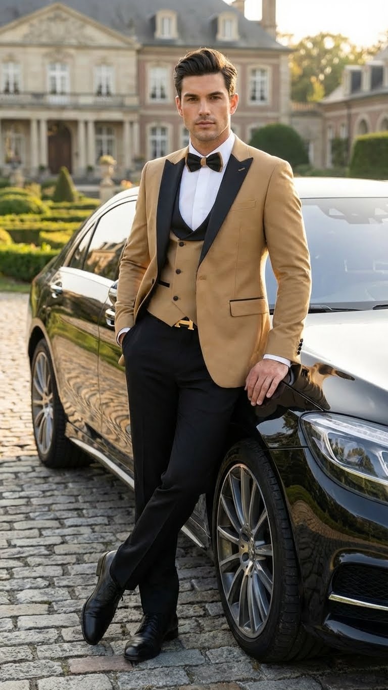 Men's Dark Camel Tan Khaki and Black Great Gatsby Tuxedo Suit – Vintage 1920s Formal Wedding, Party and Event Wear - 34 Short