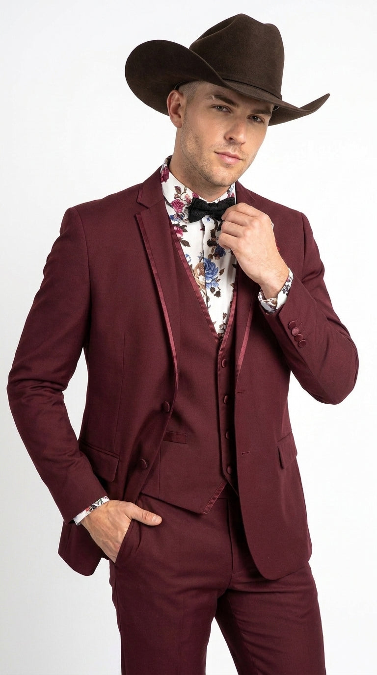 Men’s Burgundy Western Tuxedo Suit, 3 Piece Cowboy Formal Wedding Prom Suit with Satin Trim - 34 Short or Extra Small