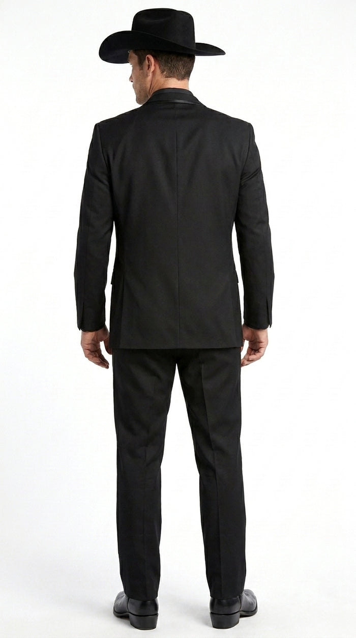 Men’s Black Western Tuxedo Suit, 3 Piece Cowboy Formal Wedding Prom Suit with Satin Trim