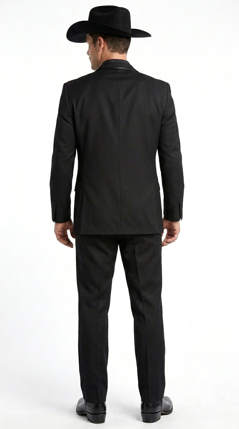 Men’s Black Western Tuxedo Suit, 3 Piece Cowboy Formal Wedding Prom Suit with Satin Trim