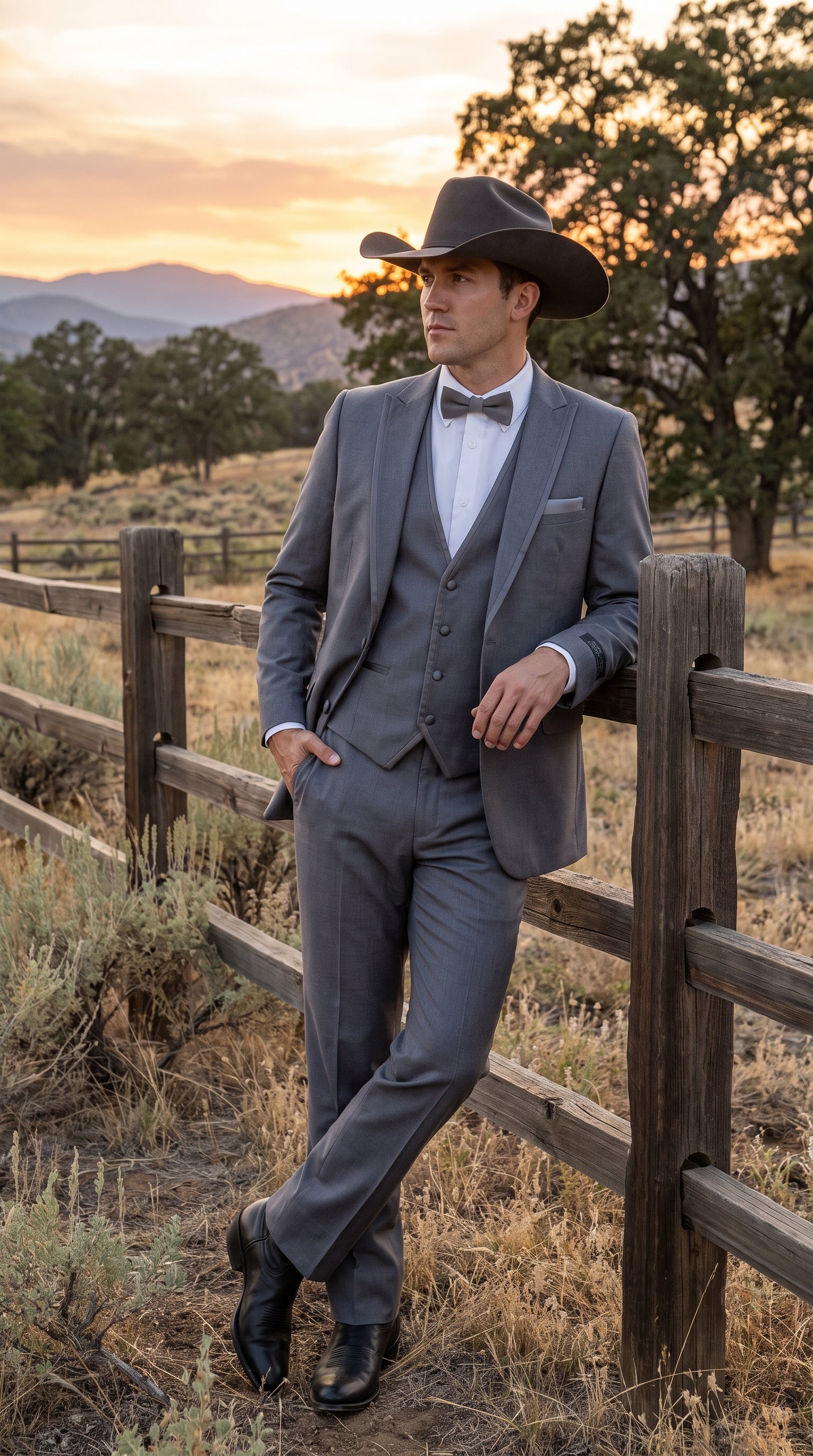 Men's Medium Grey Western 3-Piece Tuxedo Suit with Vest – Cowboy Style Formal Country Outfit - 34 Short or Extra Small