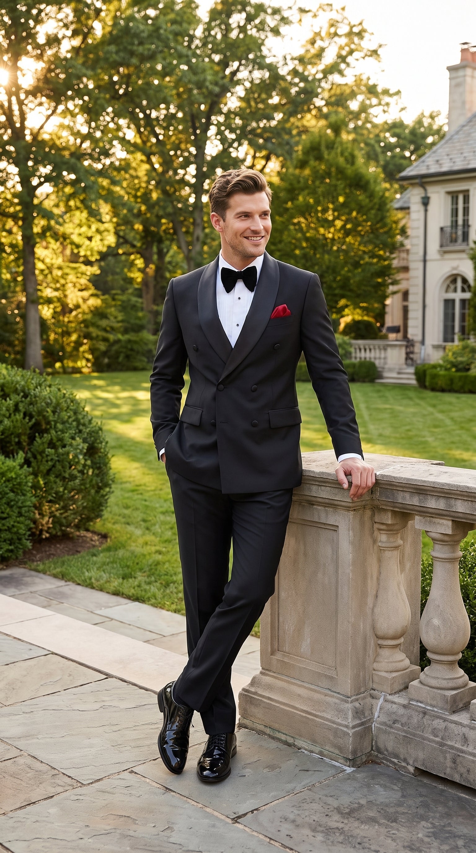 Men’s Black Double Breasted Evening Wear Suit with Satin Shawl Lapel and Red Pocket Square - 34 Short or Extra Small
