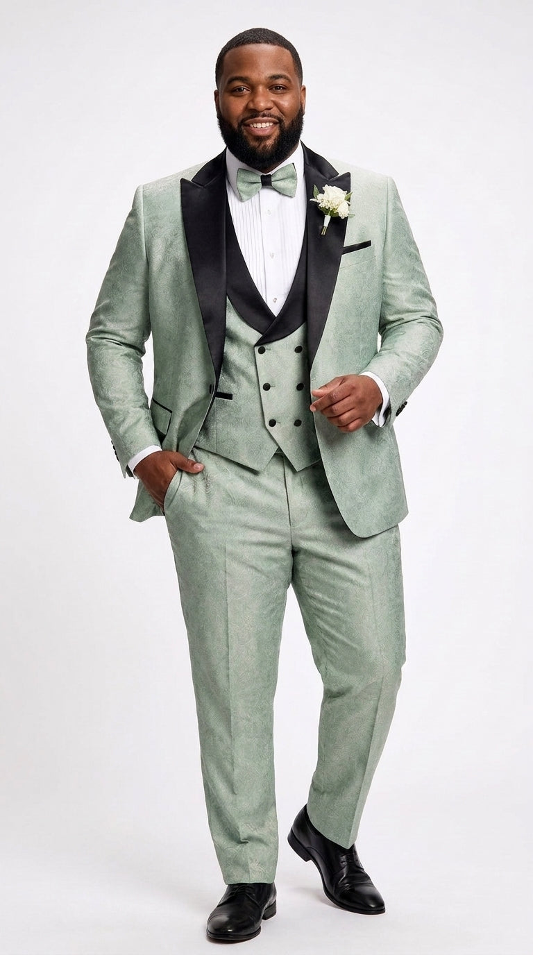 Men’s Sage Green Wedding Tuxedo with Black Shawl Lapel – 3 Piece Groom Prom Suit Mintish Color - 34 Short or Extra Small
