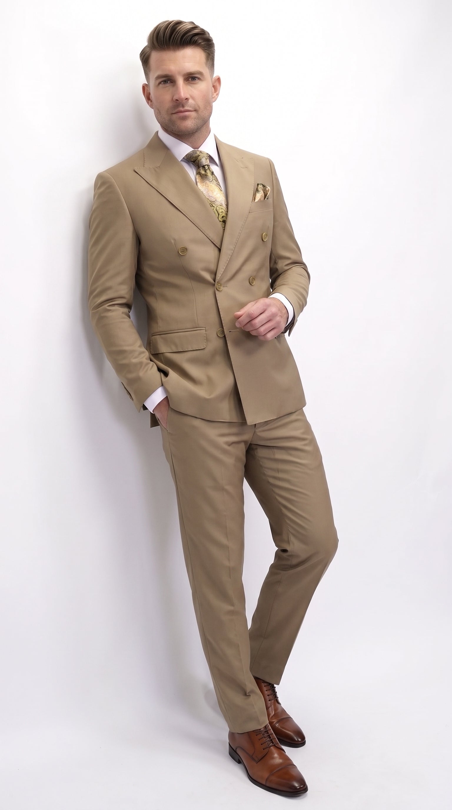 Men’s Statement Brand Caramel Khaki Double Breasted Wool Suit, Designer Formal Business Suit Set Wool Suit in Camel Color - 34 Short or Extra Small