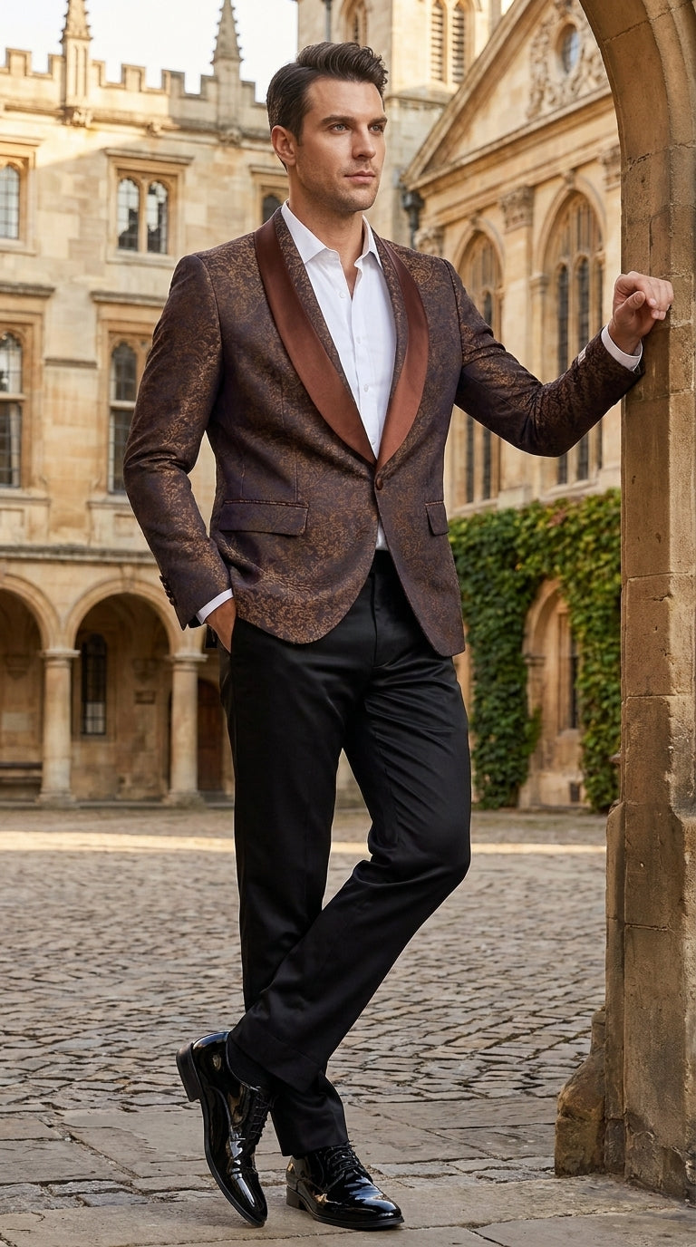 Men’s Light Brown Paisley Tuxedo Jacket, Wedding Prom Dinner Blazer with Satin Shawl Lapel - 36 Short