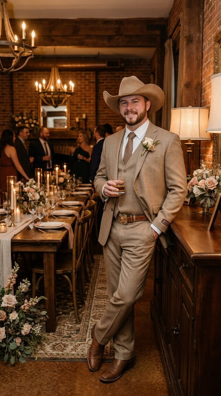 Mens Sharkskin Dark Taupe Tan with sheen Western 3 Piece Suit – Classic Country Style Blazer Vest Pants Set, Formal Cowboy Suit Outfit