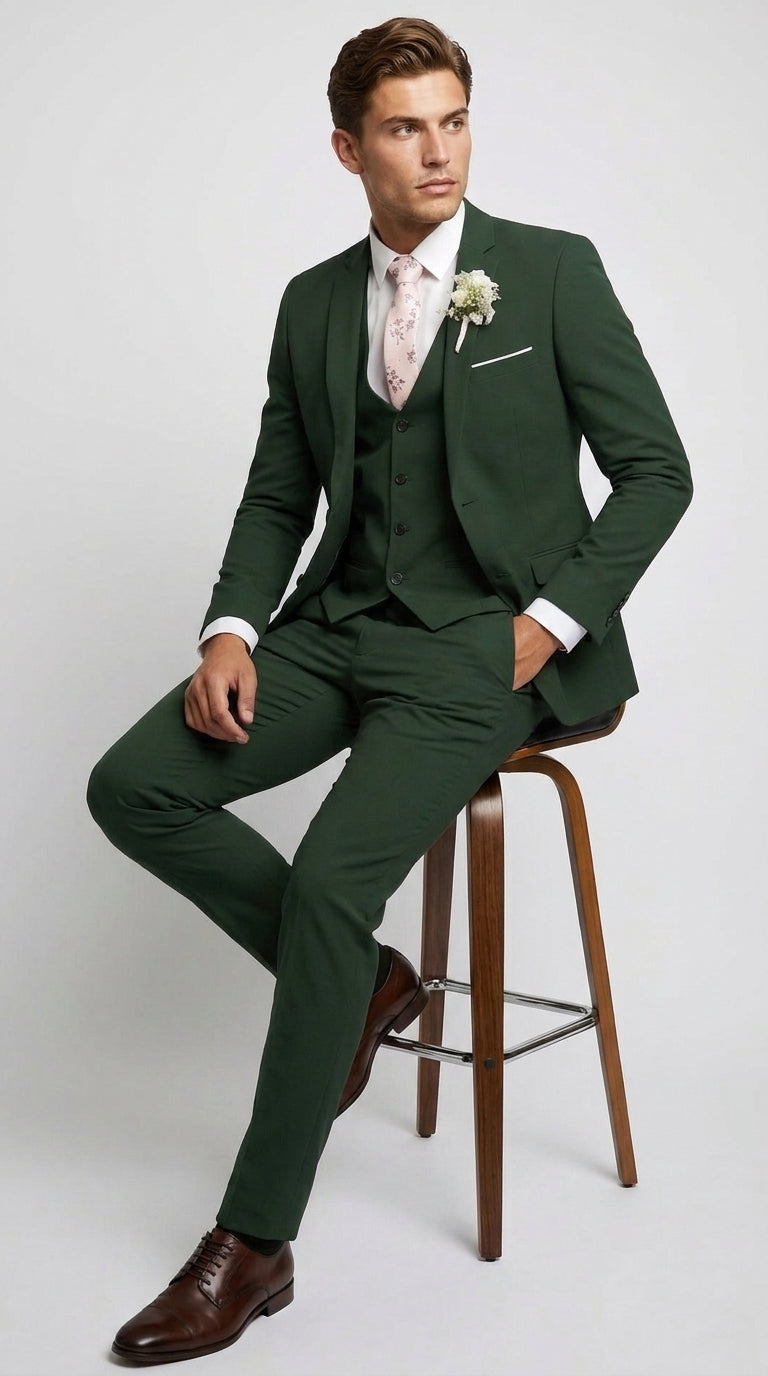 Men’s Forest Green 3 Piece Wedding Suit, Formal Groom Groomsmen Dress Suit Set - 34 Short or Extra Small