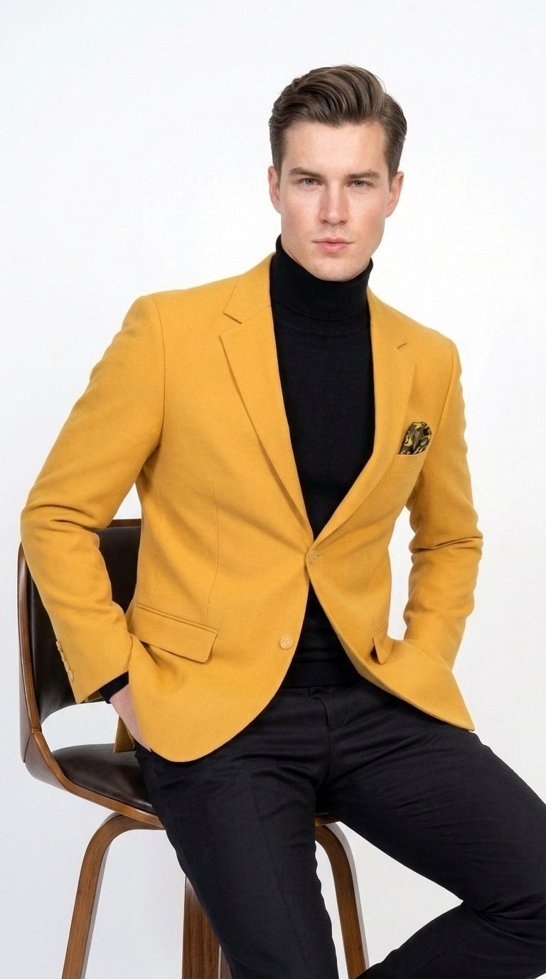 Men’s Mustard Gold Blazer, Fashion Sport Coat Wedding Party Church Dress Jacket - 36 Short