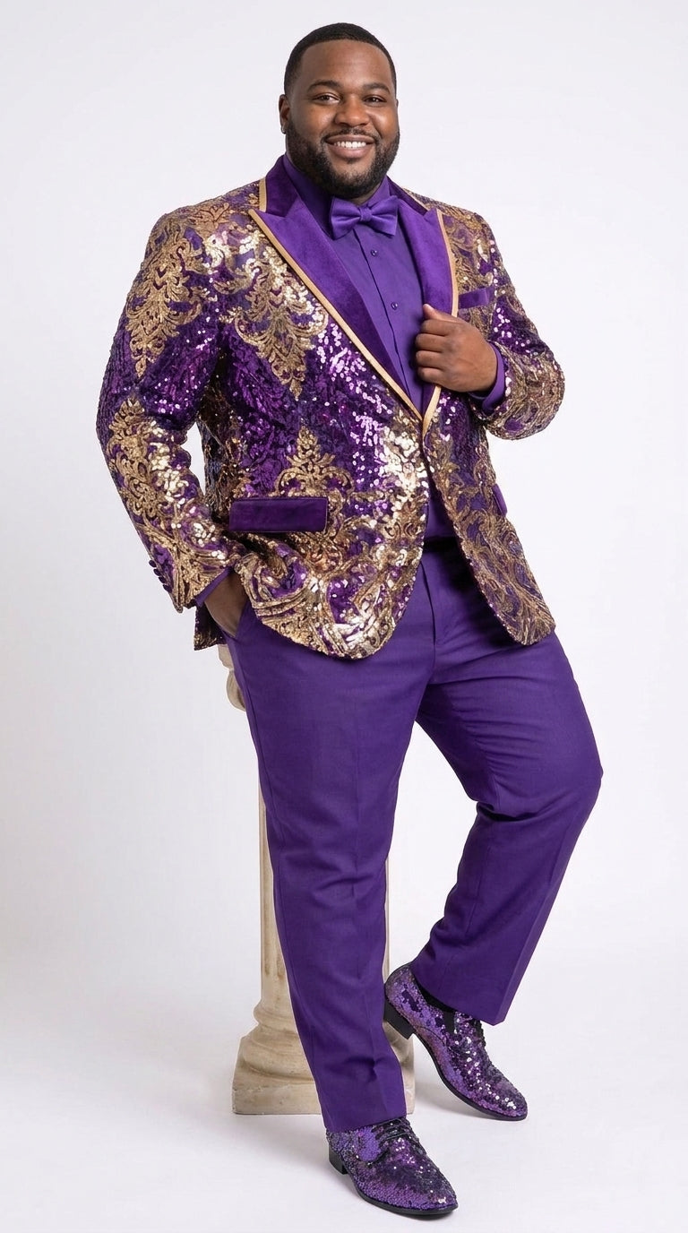 Men’s Purple and Gold Sequin Suit with Pants – Luxury Prom, Wedding and Party Blazer - 34 Short or Extra Small