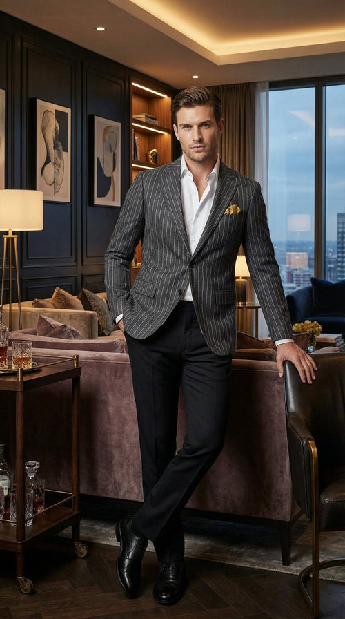 Mens Charcoal Pinstripe Blazer Classic Tailored Formal Jacket for Business, Office and Evening Wear