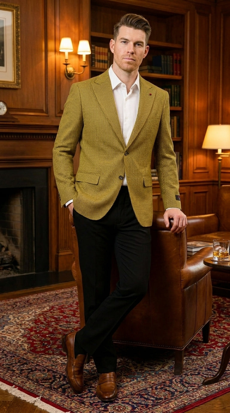 Men’s Mustard Gold Yellow Houndstooth Blazer Jacket, Check Pattern Formal Sport Coat for Weddings, Prom, Business 2 Buttons Modern Fit - 36 Short