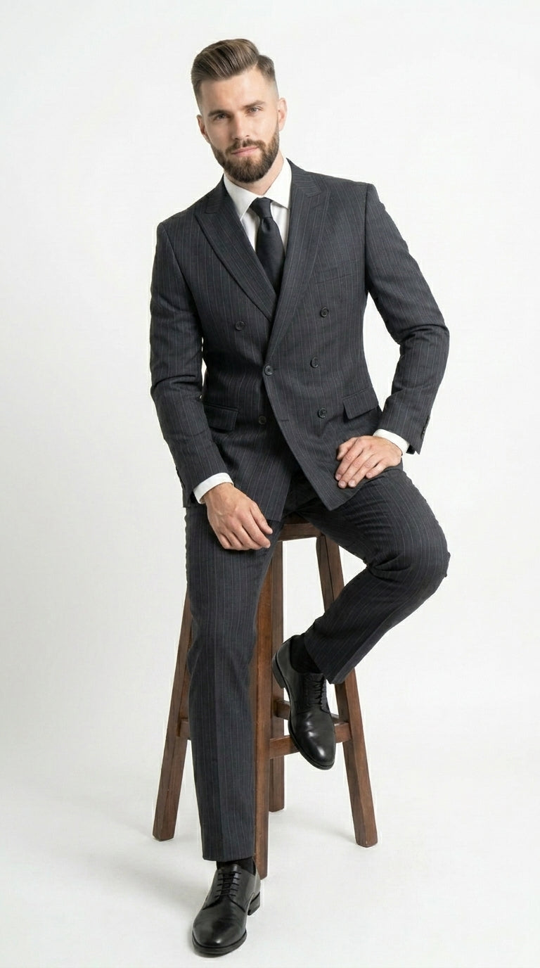 Men’s Black Pinstripe Double Breasted Suit – Classic Formal Business Suit Office and Evening Wear Modern Fit Conservative pattern - 34 Short or Extra Small