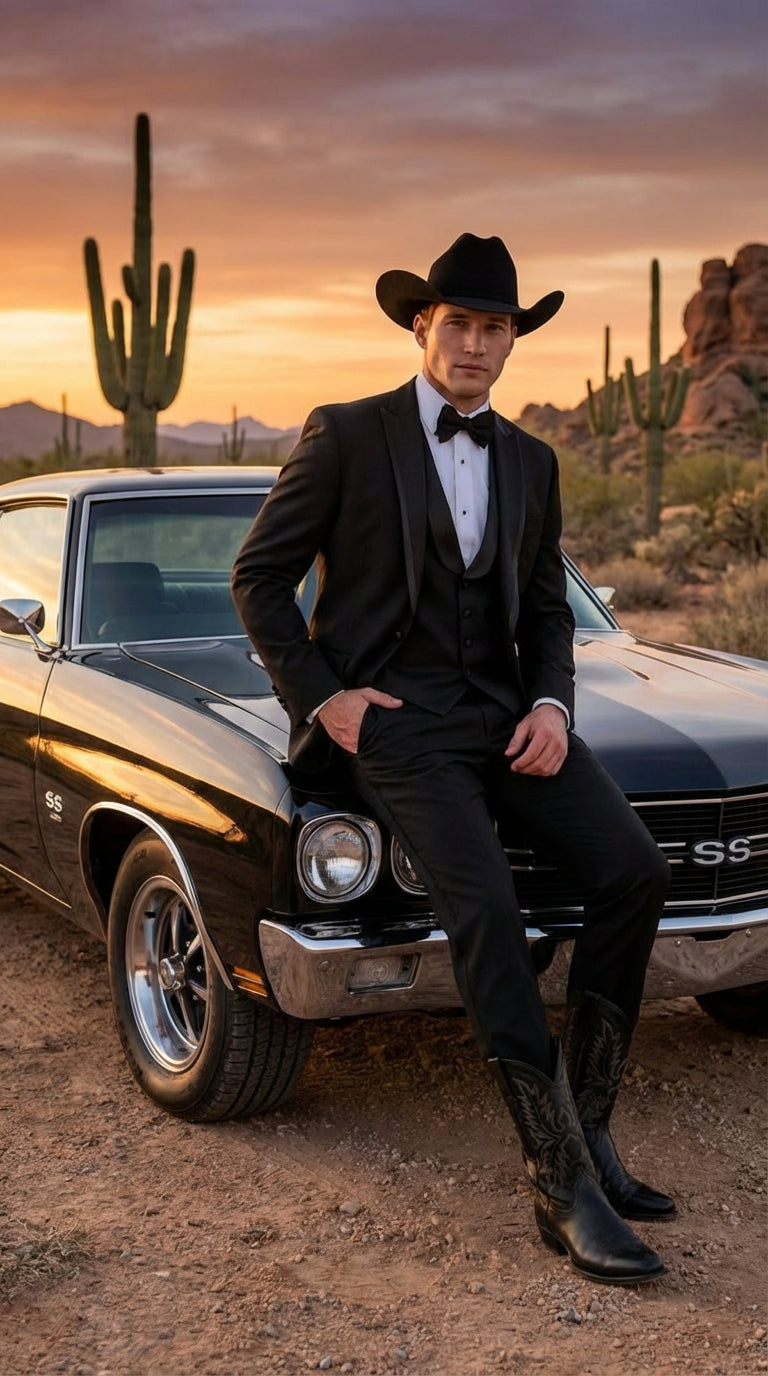 Black Western Tuxedo for Men | Classic Three Piece Formal Wedding Peak Lapel with Trim Collar Cowboy Suit - 34 Short or Extra Small