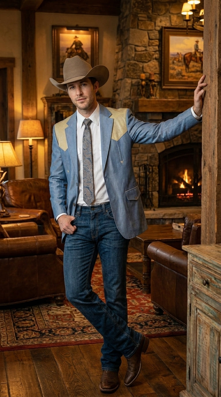 Men’s Steel - Light Blue and Bone Color Western Cowboy Blazer – Shiny Country Style Dress Jacket for Rodeo Saco De Hombre Vaquero - 36 Short