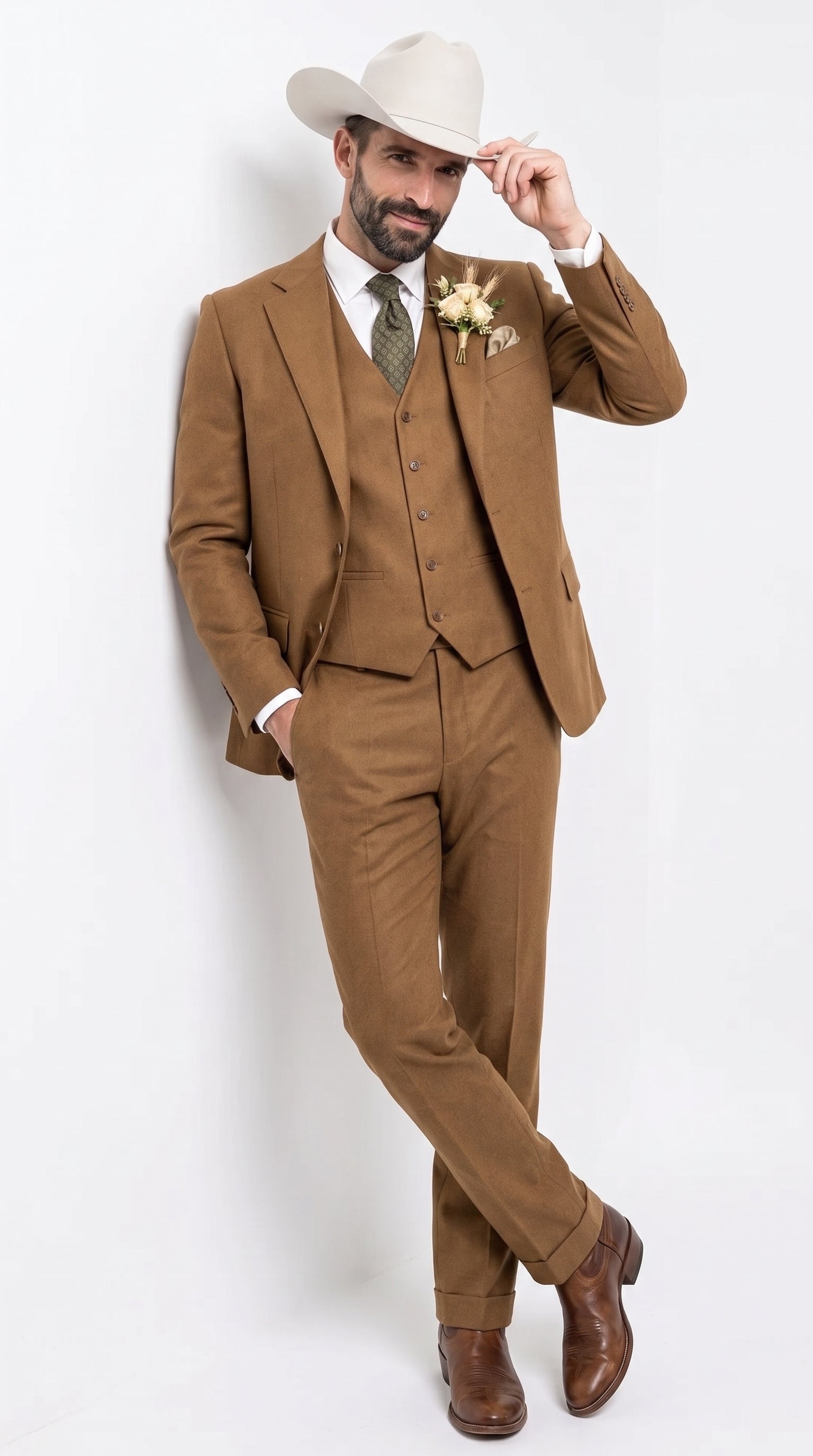 Men’s Tan Groom Outfit Country Wedding 3 Piece Suit Khaki Camel Color Modern Fit - 34 Short or Extra Small