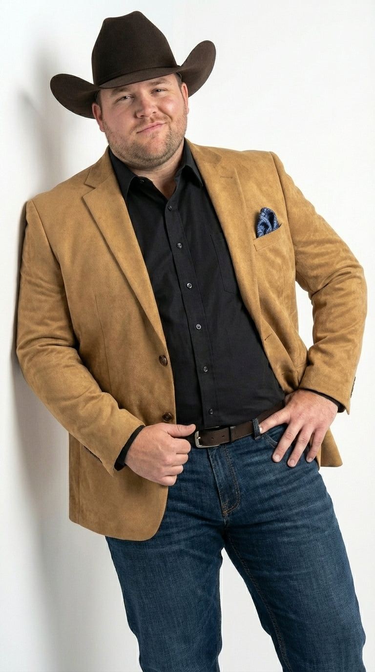 Men’s Camel Suede Cowboy Blazer with Elbow Patch – Camel Western Style Suede Sport Coat for Casual - 36 Short