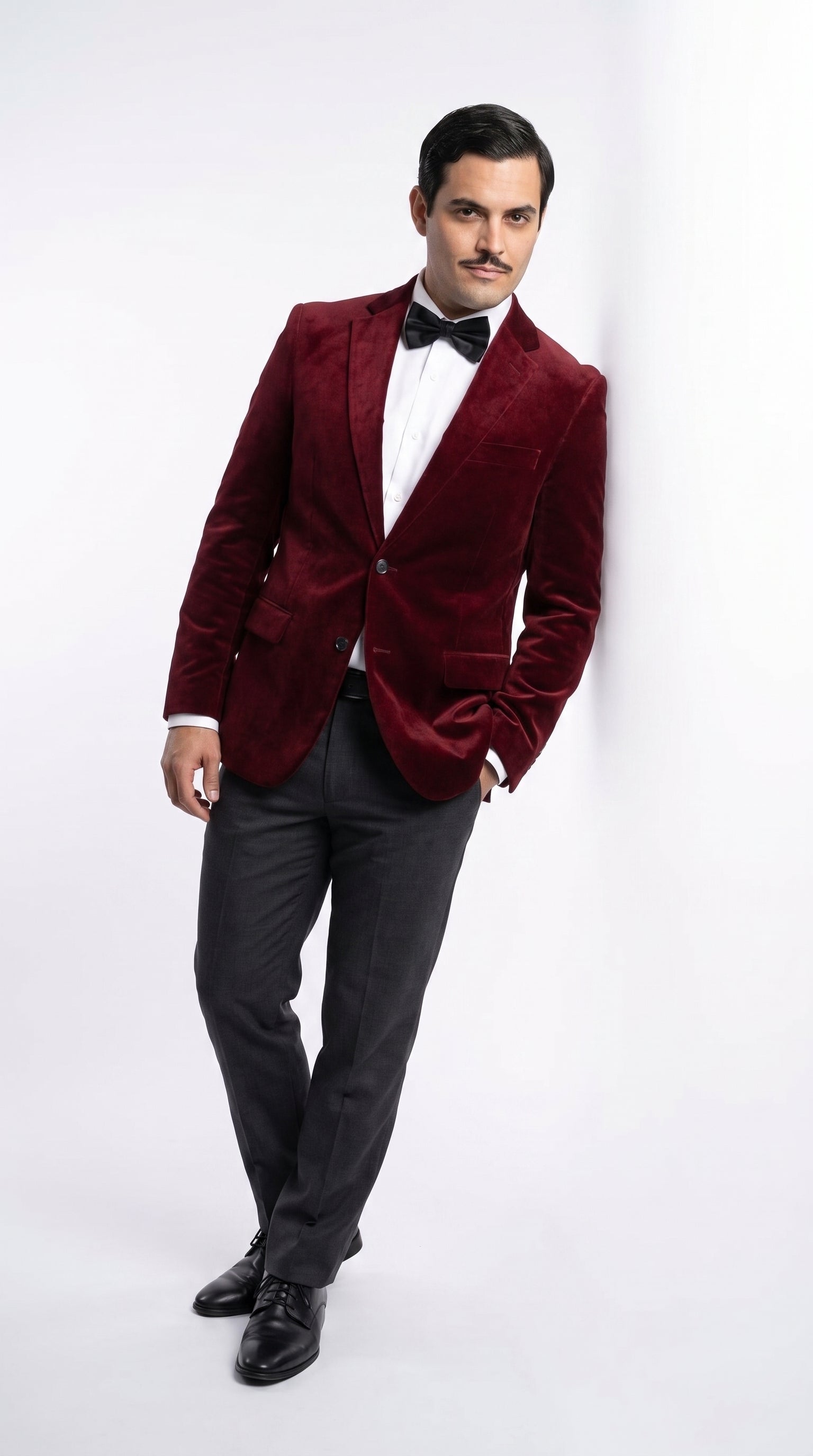 Men’s Gomez Addams Inspired Costume, Burgundy Velvet Blazer with Black Pants Formal Party Outfit Combo - 36 Short