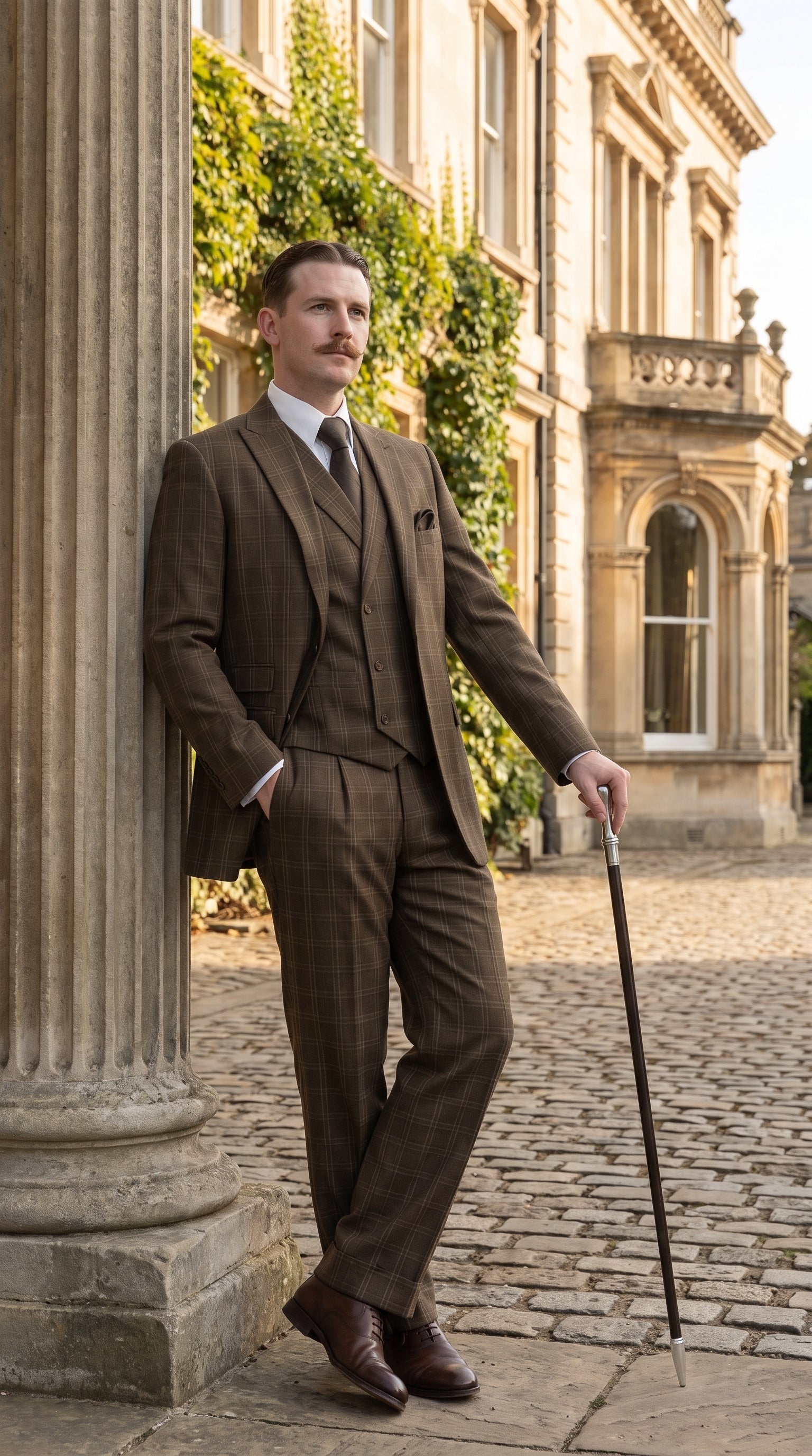 Men’s Edwardian Brown Plaid 3-Piece Suit – Vintage Double-Breasted Vest Wedding and Formal Suit - 34 Short or Extra Small