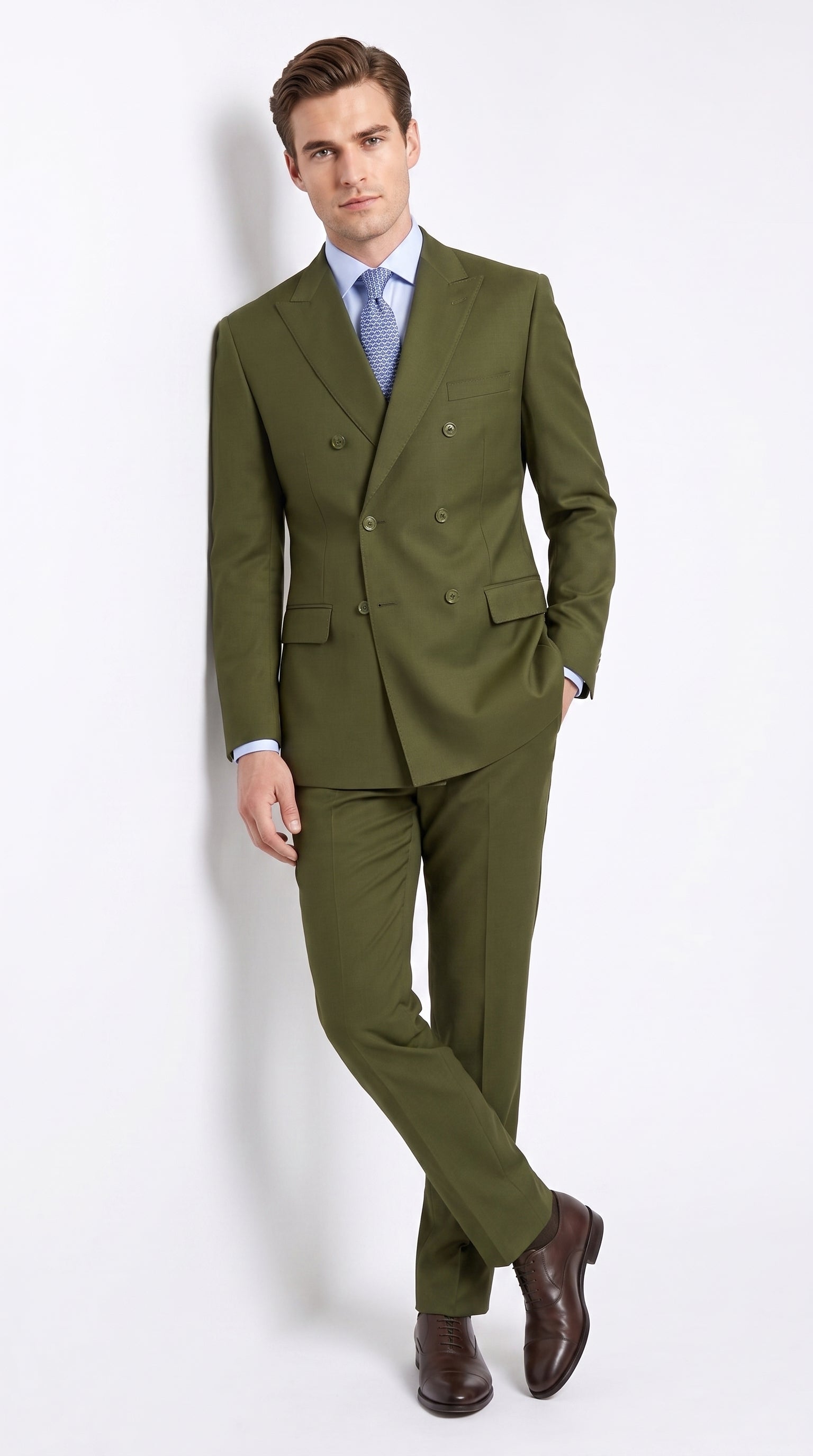 Men’s Olive Green Double-Breasted Suit – Classic Peak Lapel Wedding, Business Hunter Color - 34 Short or Extra Small