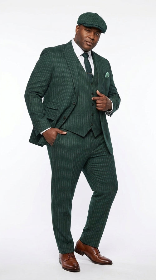 Men’s Hunter Green Pinstripe 3-Piece Suit – Vintage Wedding, Prom and Formal Suit with Matching Vest