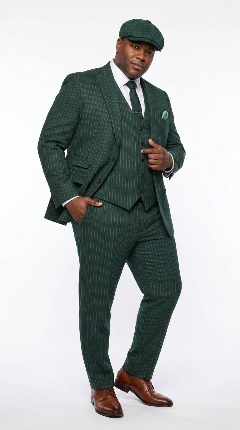 Men’s Hunter Green Pinstripe 3-Piece Suit – Vintage Wedding, Prom and Formal Suit with Matching Vest - 34 Short or Extra Small