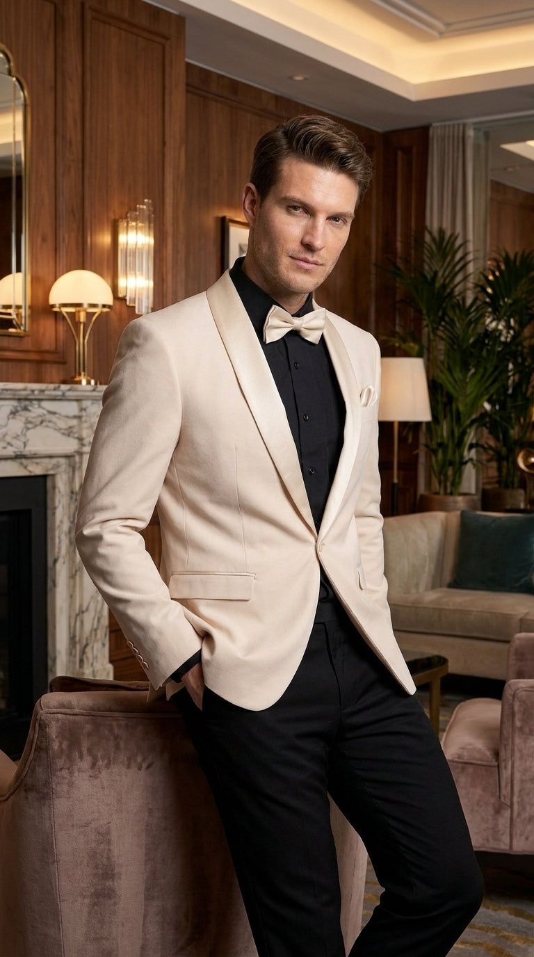 Men’s Champagne Tuxedo Dinner Jacket with Black Pants – Shawl Lapel Wedding, Prom and Formal Blazer - 34 Short or Extra Small