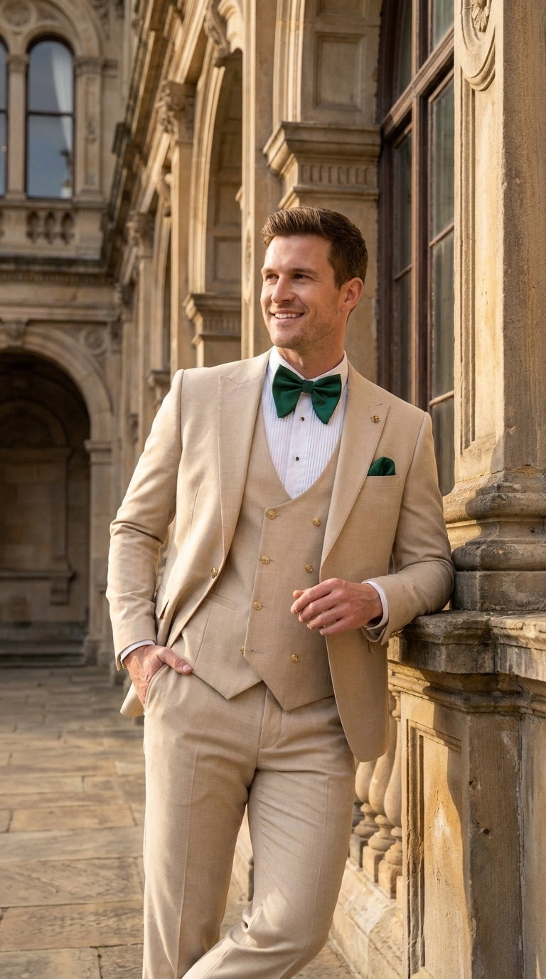 Men’s Khaki Tan 3-Piece Groomsmen Suit – Wedding Suit with Double-Breasted Vest and Pants Great Gatsby Style Gold buttons - 34 Short or Extra Small