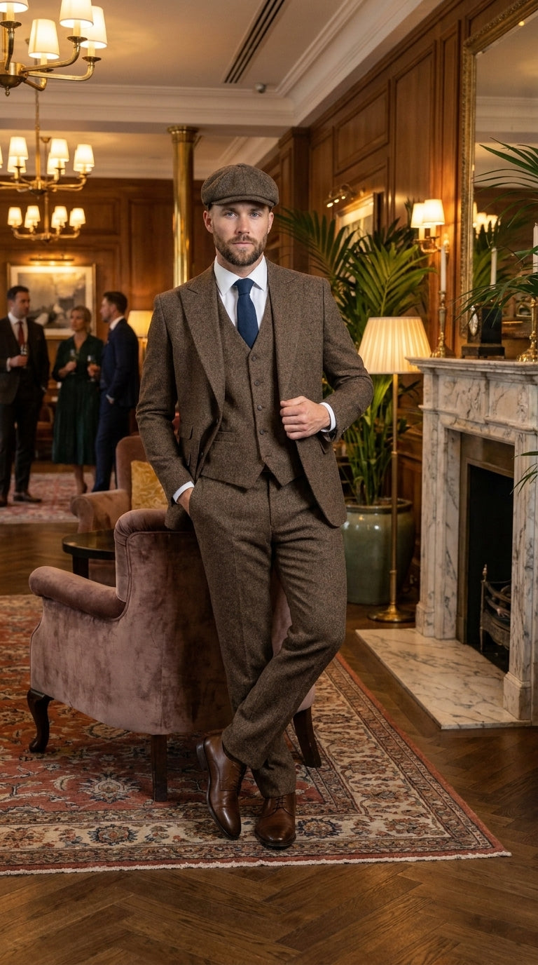 Peaky Blinder Men’s Brown Tweed 3-Piece Suit – Vintage Wedding, Business and Formal Suit with Matching Vest and Pants - 34 Short or Extra Small