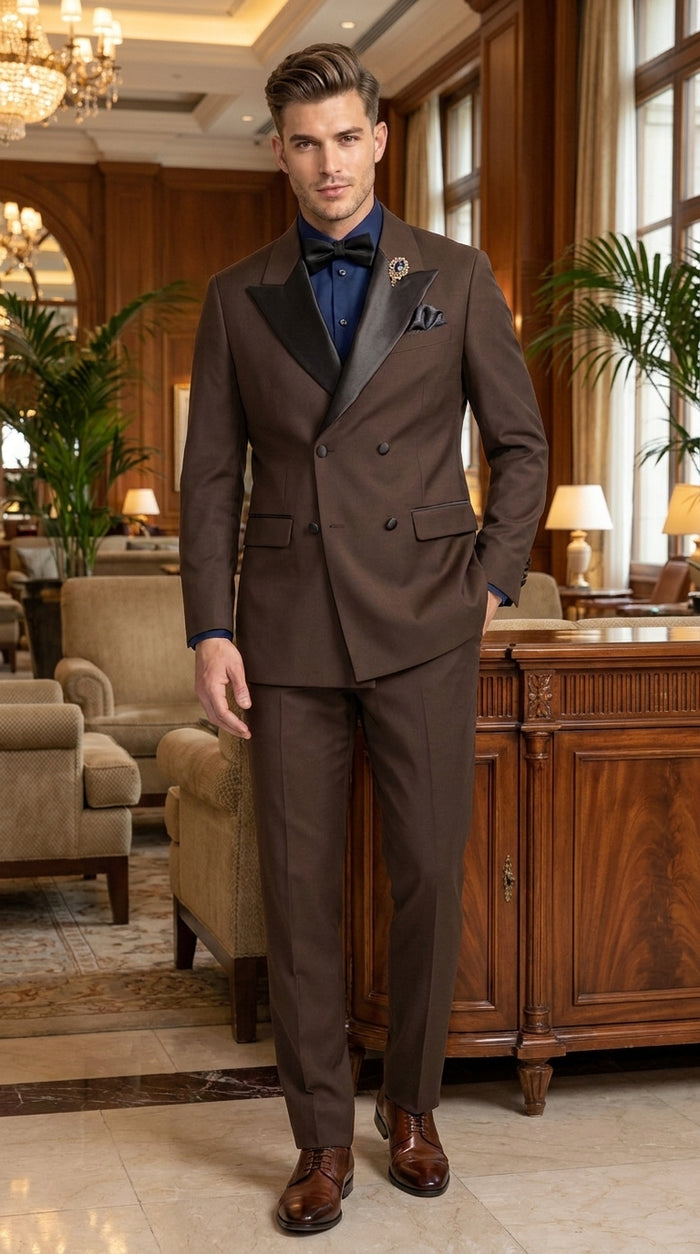 Men’s Brown Double Breasted Tuxedo – Satin Peak Lapel Formal Wedding & Prom Suit