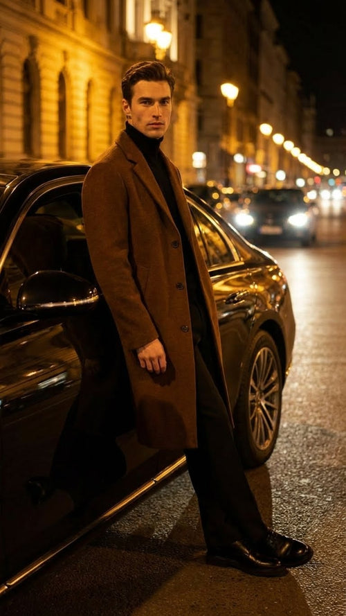 Mens Brown Long Wool Overcoat Topcoat Wool Carcoat Three Quarter