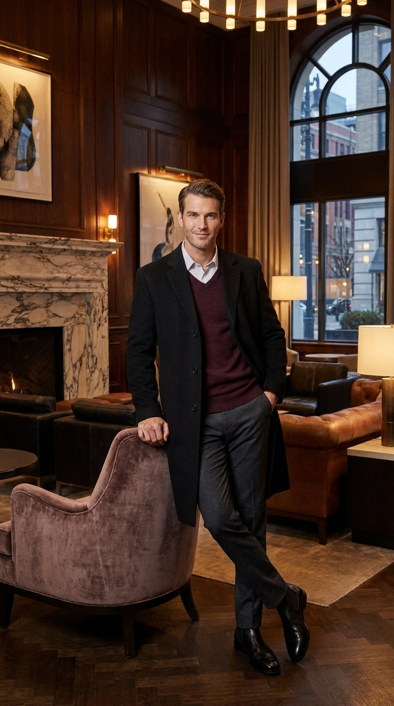Men’s Big and Tall Black Cashmere Overcoat – Full-Length Winter Dress Coat for Business and Formal Wear - Coat Size 38