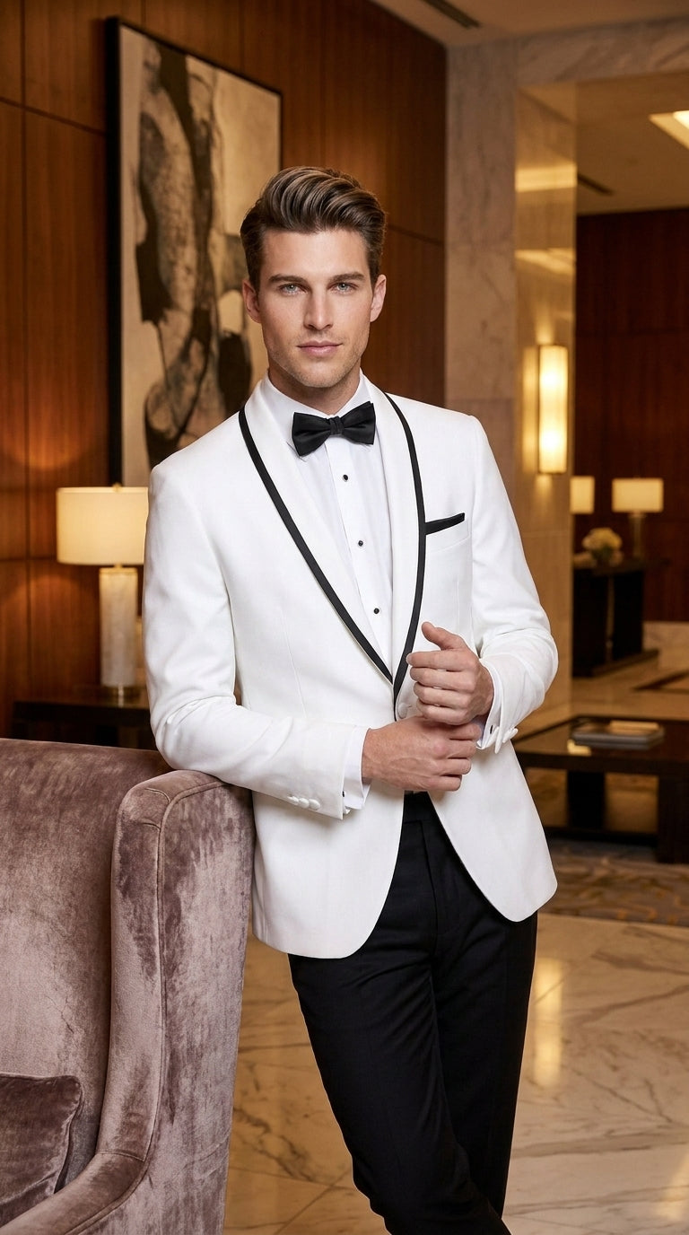 Men’s White Tuxedo Jacket – Black Trim Shawl Lapel Formal Dinner Blazer for Weddings, Prom Wedding Blazer Modern fit - 36 Short