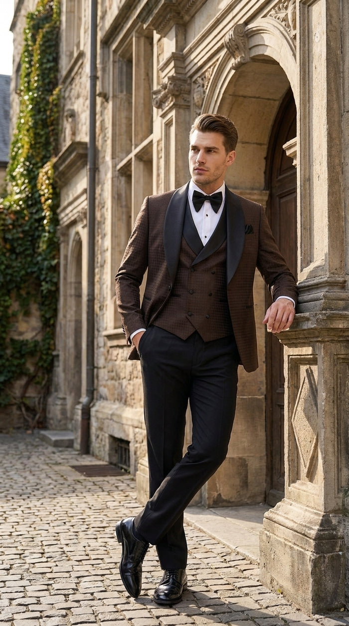 Men’s Chocolate Brown Tuxedo Suit – 3 Piece Shawl Lapel Wedding, Prom and Formal Dinner Tuxedo