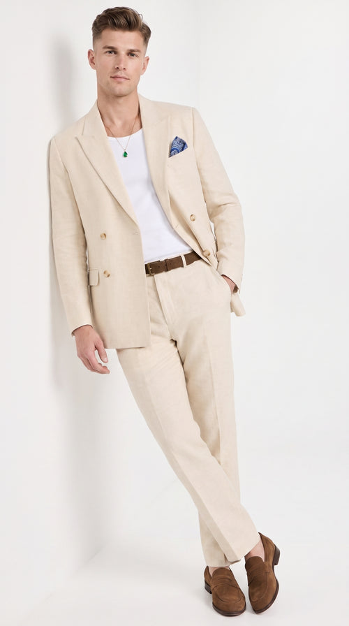 Men’s Light Beige Linen Double-Breasted Suit – Summer Wedding, Beach and Formal 2-Piece Suit
