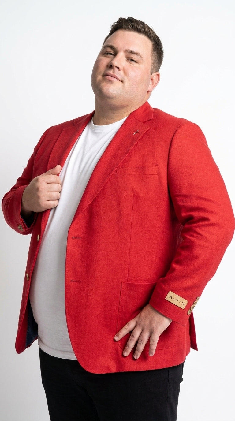 Men’s Red Linen Blazer – Two-Button Wedding, Business and Smart Casual Sport Coat - 36 Short