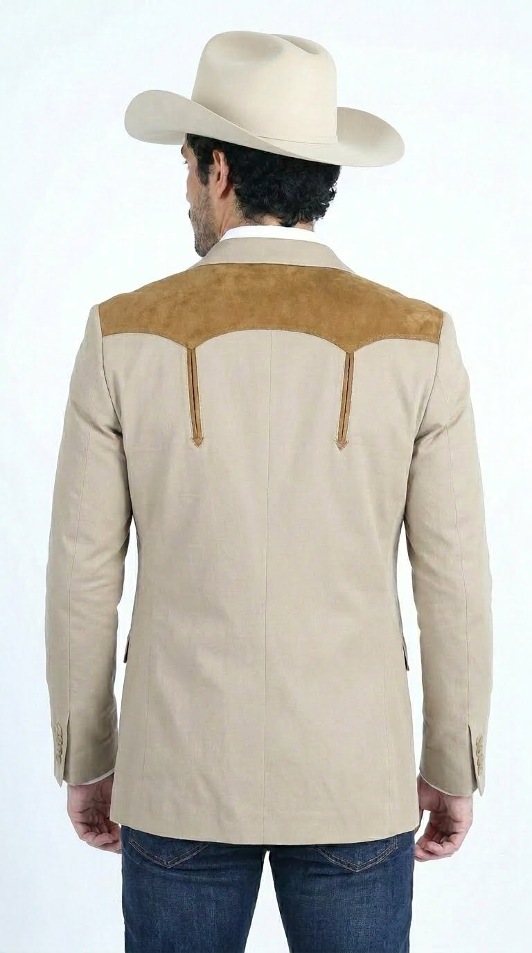 Men’s Khaki Western Blazer with Suede Yokes, Cowboy Sport Coat , Ranch and Country Events in Tan Khaki Color By Platini - 36 Short