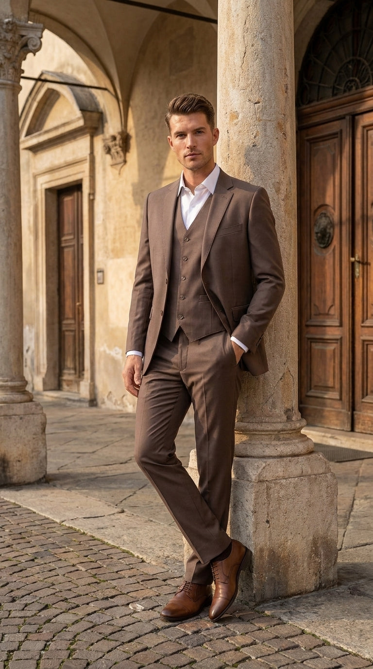Men’s Zagarie Brand Light Brown Mocha 3-Piece Wool Suit – Modern Wedding, Business and Formal Suit with Pick Stitching - 34 Short or Extra Small