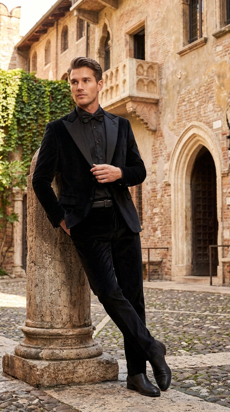 Men’s Black Velvet Tuxedo Suit – Peak Lapel Wedding, Prom and Formal Evening Velvet Pants - 34 Short or Extra Small