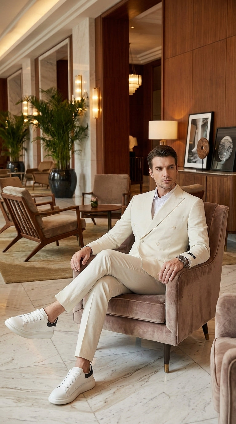 Men’s Ivory Cream Double-Breasted Linen Suit – Off-White Summer Wedding Slim Fitted 2-Piece Suit Cream Color - 34 Short or Extra Small