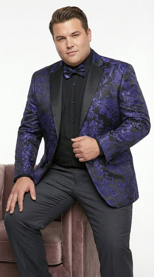 Mens Royal Blue Paisley Jacquard Blazer – Luxury Pattern Tuxedo Dinner Jacket with Black Satin Lapel for Wedding, Prom With Bowtie