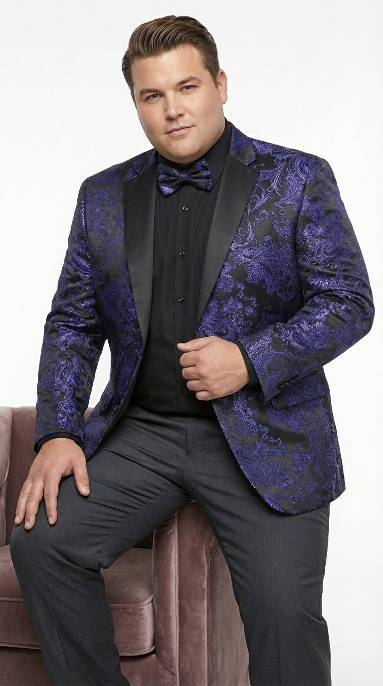 Mens Royal Blue Paisley Jacquard Blazer – Luxury Pattern Tuxedo Dinner Jacket with Black Satin Lapel for Wedding, Prom With Bowtie - 36 Short