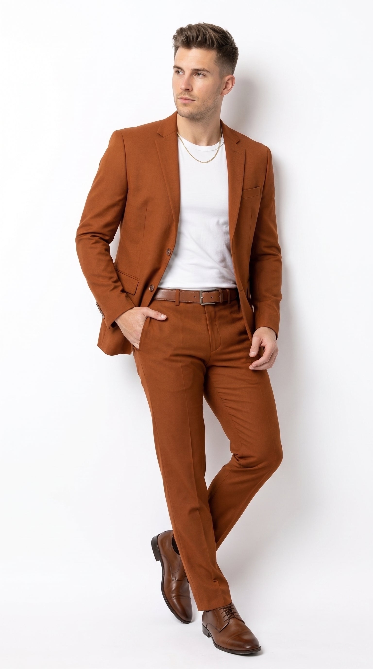 Men’s Burnt Orange Modern Fit Suit – Slim Fit Wedding, Prom and Formal 2-Piece Suit Copper Brick Color - 34 Short or Extra Small