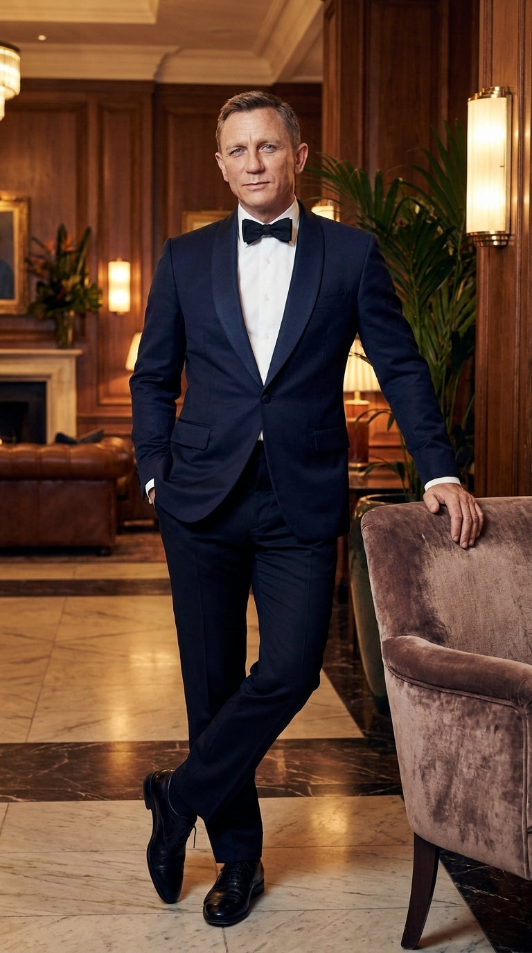 Men’s Navy James Bond Tuxedo Dinner Jacket – Satin Shawl Lapel Wedding, Prom and Black-Tie Blazer - 34 Short or Extra Small