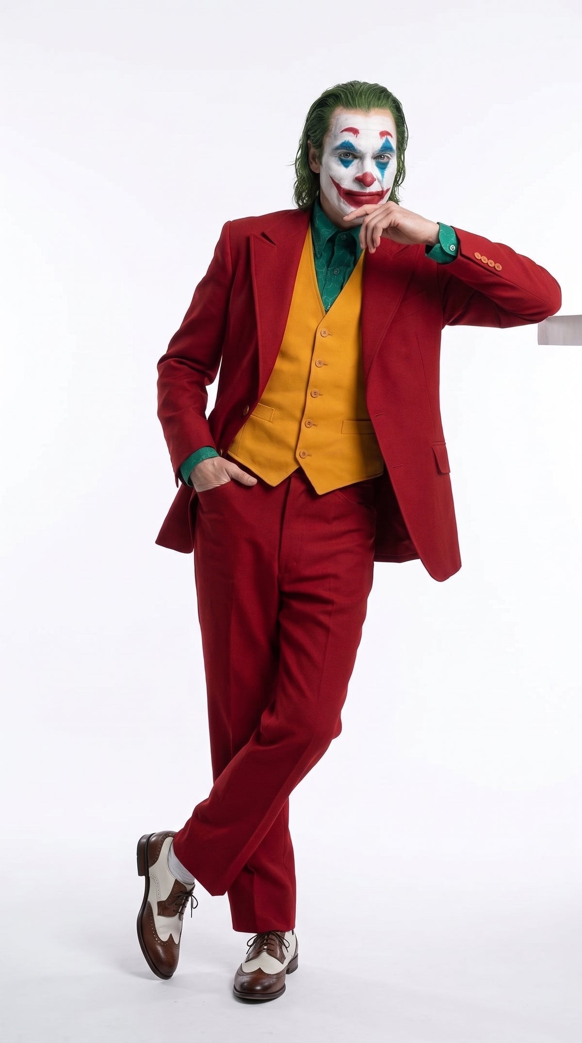 Men's Joker 2019 Red 3-Piece Suit – Joaquin Phoenix Movie-Inspired Costume with Mustard Orange Vest & Green Shirt & Tie Package