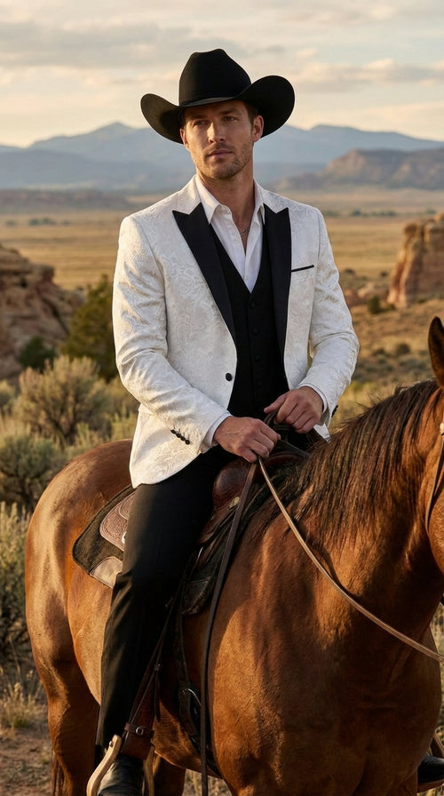 Mens White Paisley Cowboy Tuxedo with Black Satin Lapel – Western Formal Wedding Suit Jacket