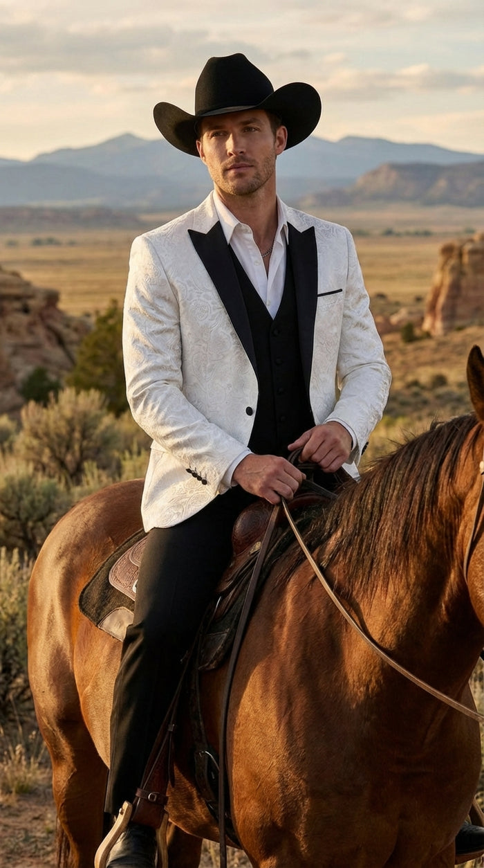 Mens White Paisley Cowboy Tuxedo with Black Satin Lapel – Western Formal Wedding Suit Jacket
