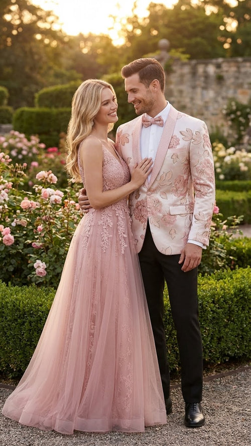 Mens Pink Blush Floral Jacquard Blazer with Embellished Shawl Lapel - Luxury Party and Wedding Wear Jacket