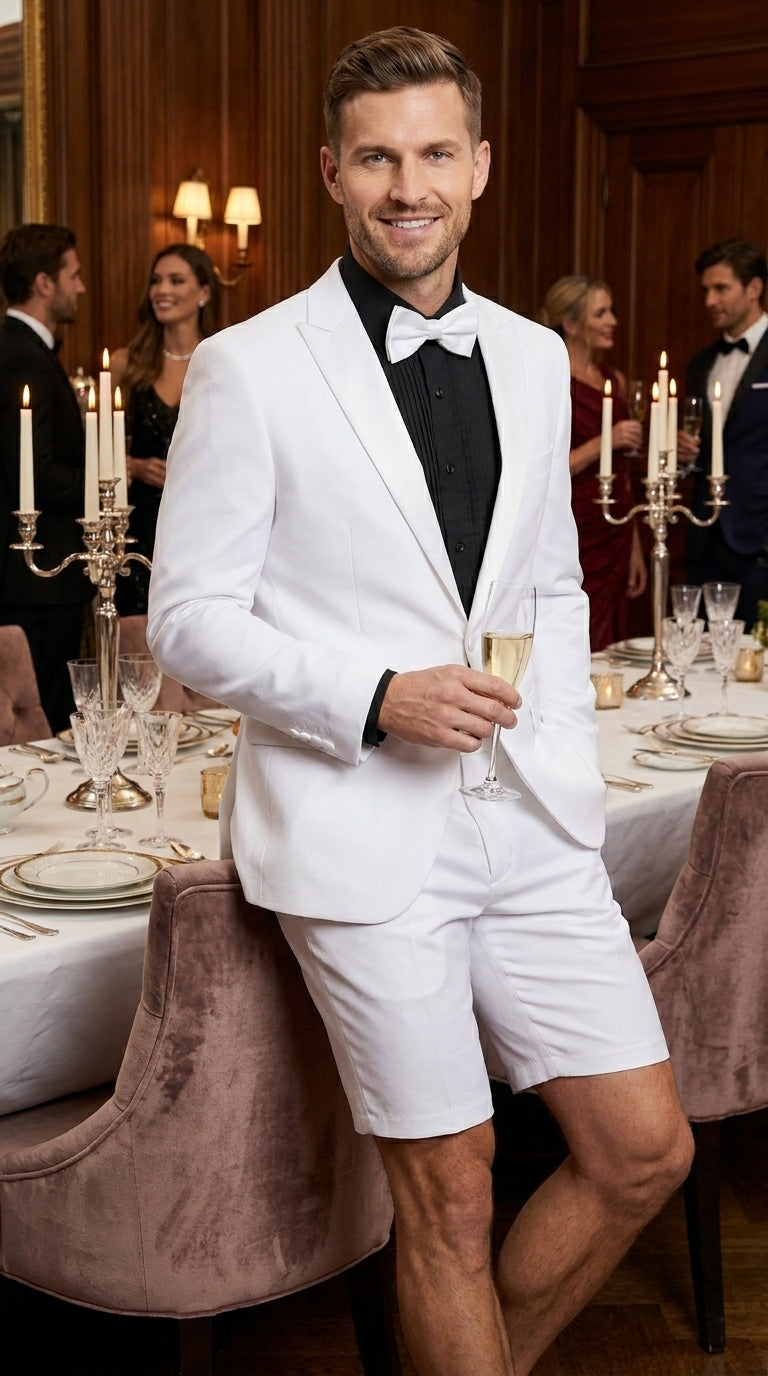Men’s White Tuxedo Suit with Shorts – Modern Formal Blazer and Short Pants Set for Wedding, Prom Summer Fabric - 34 Short or Extra Small