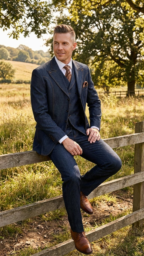 Mens Dark Denim Blue Fabric Suit Classic Three Piece Denim Suit for Wedding, Party and Formal Events