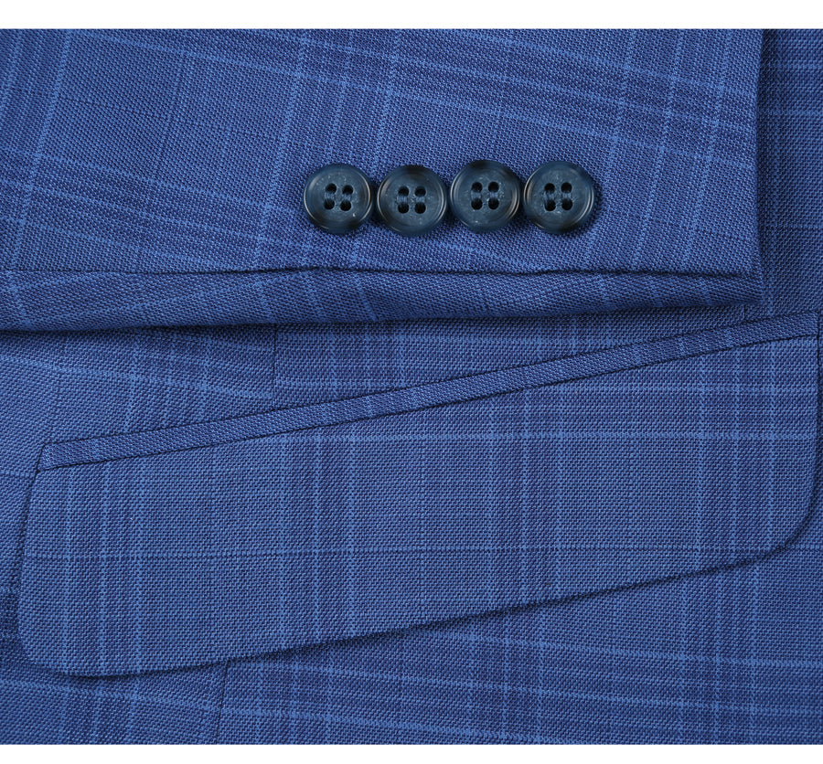 "Light Blue Windowpane Plaid Men's Slim Fit Two-Button Suit"